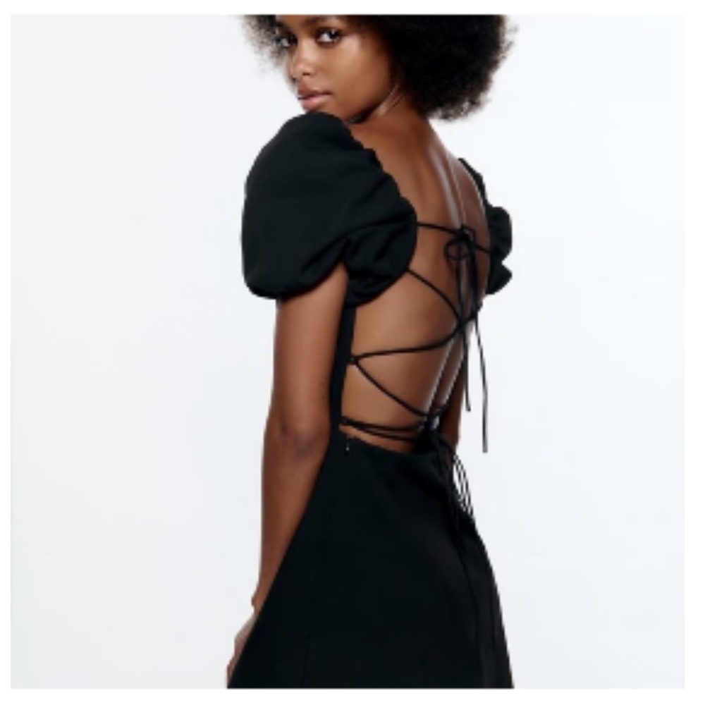 Zara Black Puff Sleeve Mini Strappy Back Dress - S